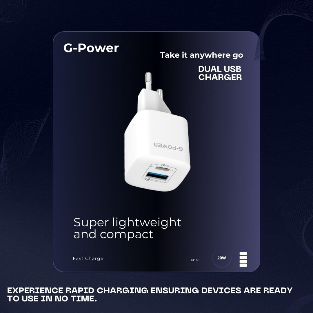 G-Power GP-C1 20W Dual USB Charger (USB-A and Usb-C) Qualcomm Quick Charge 3.0 Compatible with iPhone 14/14 Plus/14 Pro/14 Pro Max/13, Galaxy, Pixel 4/3, iPad/iPad - White