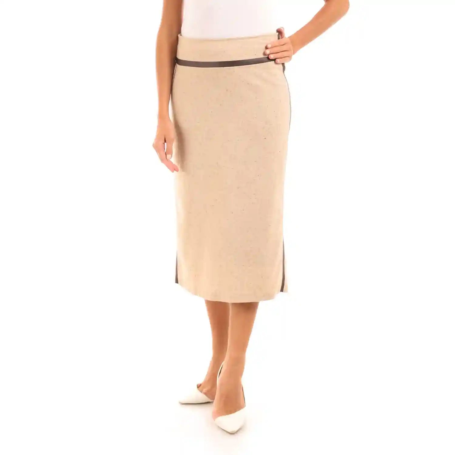 Esla_Zipped Back Taupe Midi Ruffle Skirt