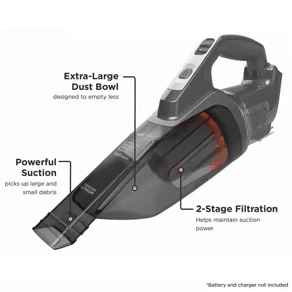 BLACK+DECKER Cordless 18V Handheld Dustbuster Vacuum, 45 Air Watts, 2 Stage Filteration Technology, Extra Large Dust Bowl, Powerful Suction BCHV001B, , Battery/Charger Not Included