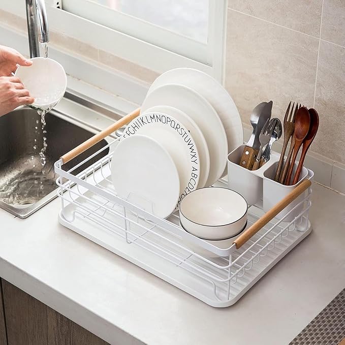 Kitchen Dish Drying Rack – White, Utensil Organizer with Drip Tray