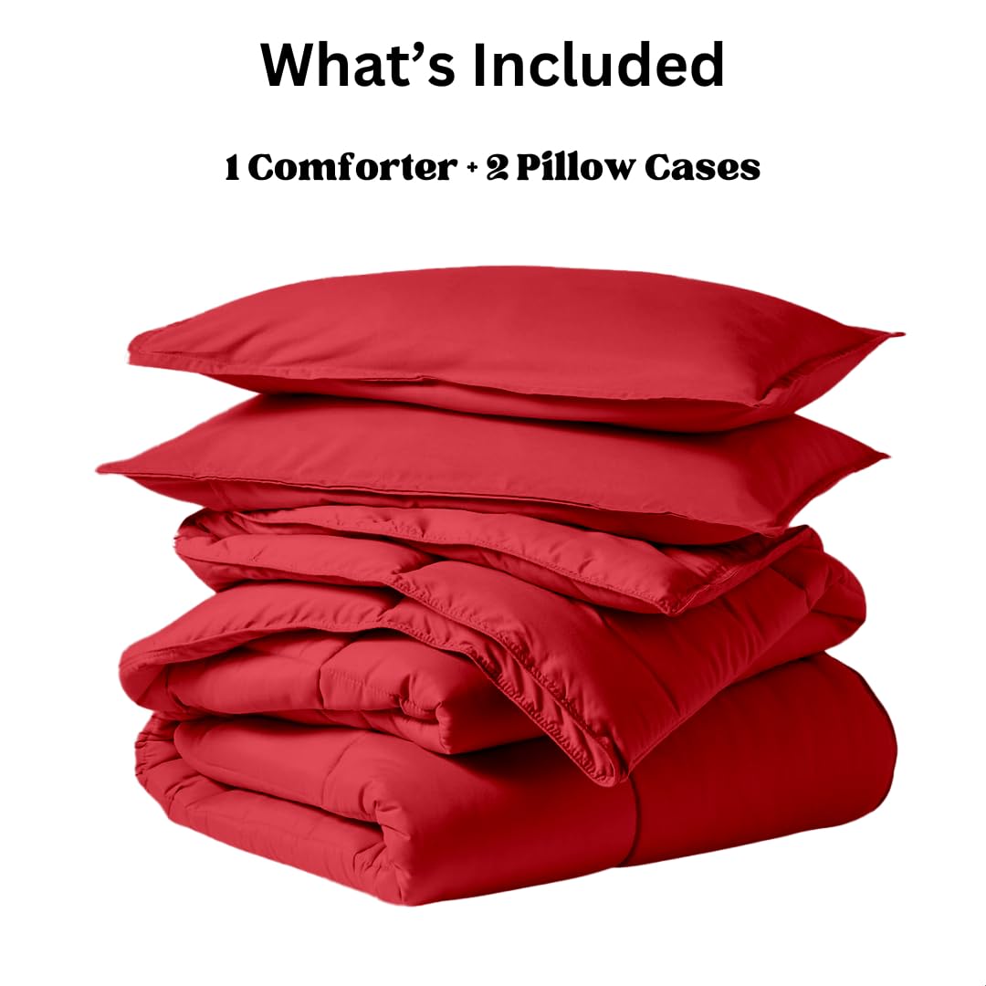 طقم لحاف قطن سادة ثلاث قطع من هوم أوف لينن وزن ثقيل مع غطاءين مخدات لون أحمر