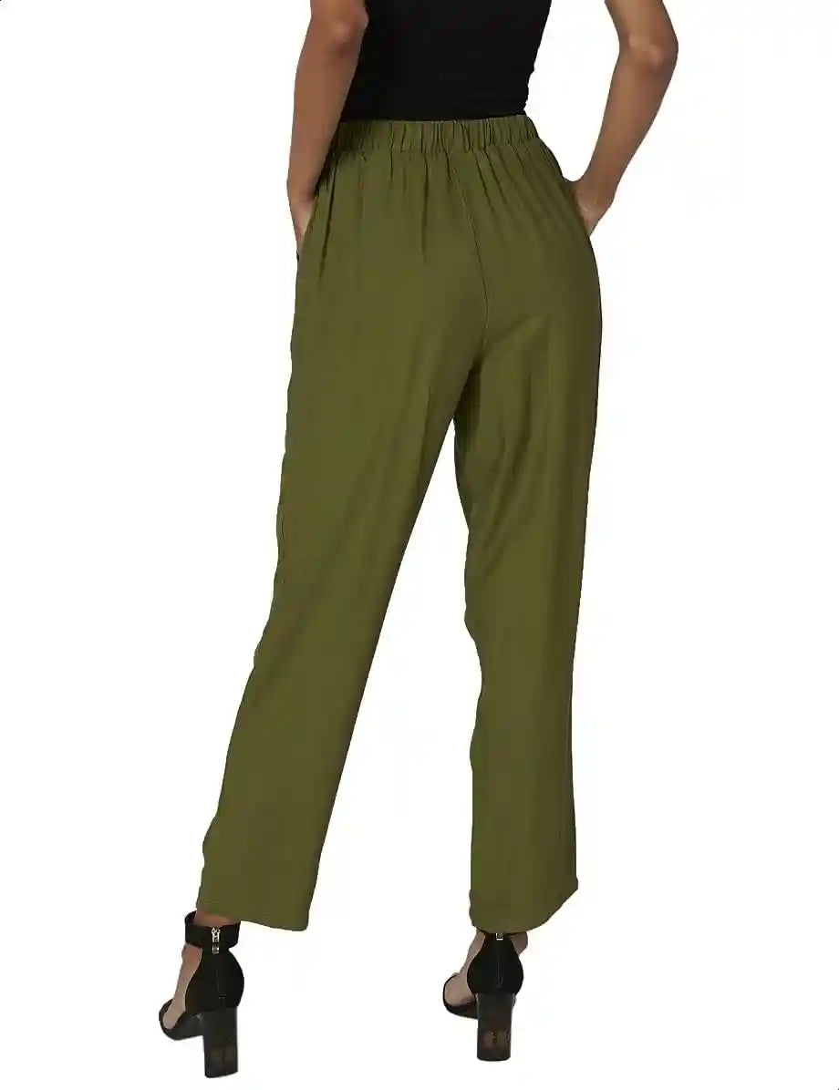 High Elastic Waist Straight-Fit Pants for Women - Olive, XL - Safqqa Egypt