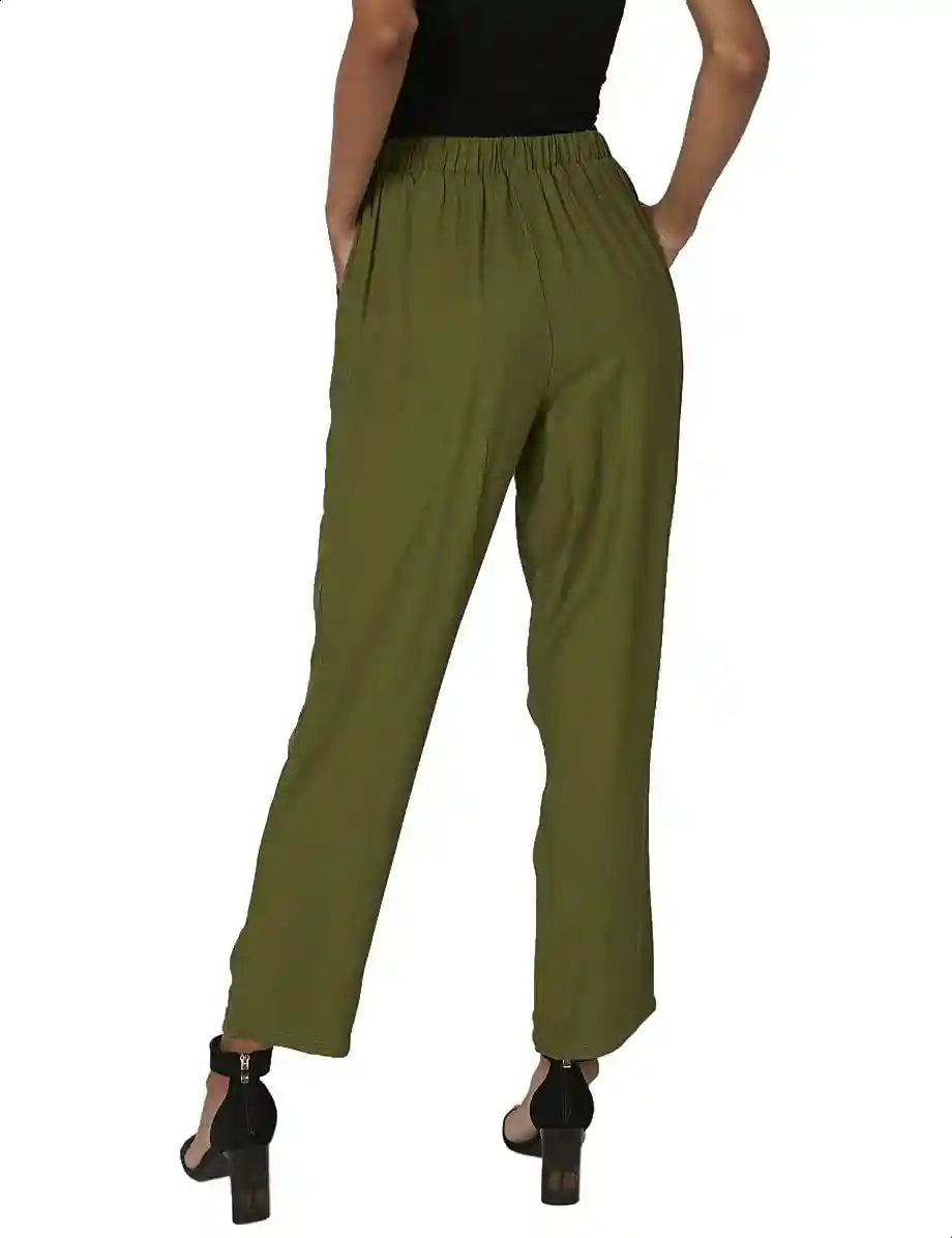 High Elastic Waist Straight-Fit Pants for Women - Olive, XL - Safqqa Egypt