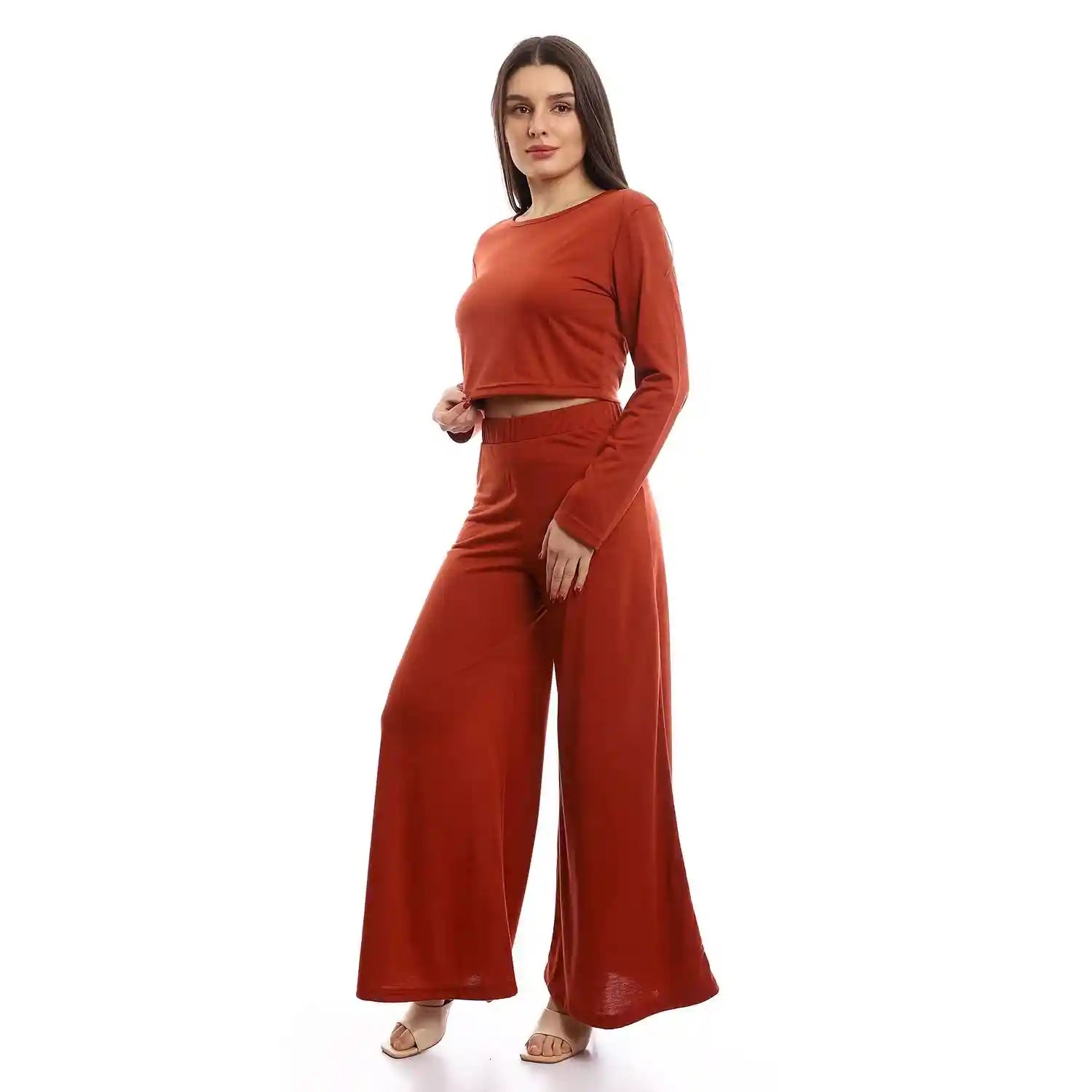 offcliff Women Solid Wide Leg Pants & Long Sleeve Crop Top