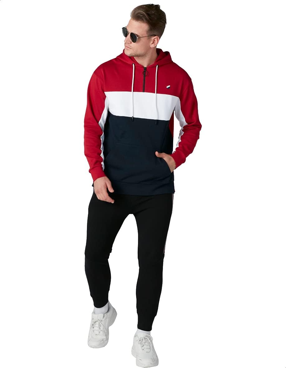 Splash Color-Block Chest Logo Kangaroo Pocket Long Sleeves Hooded Sweatshirt for Men