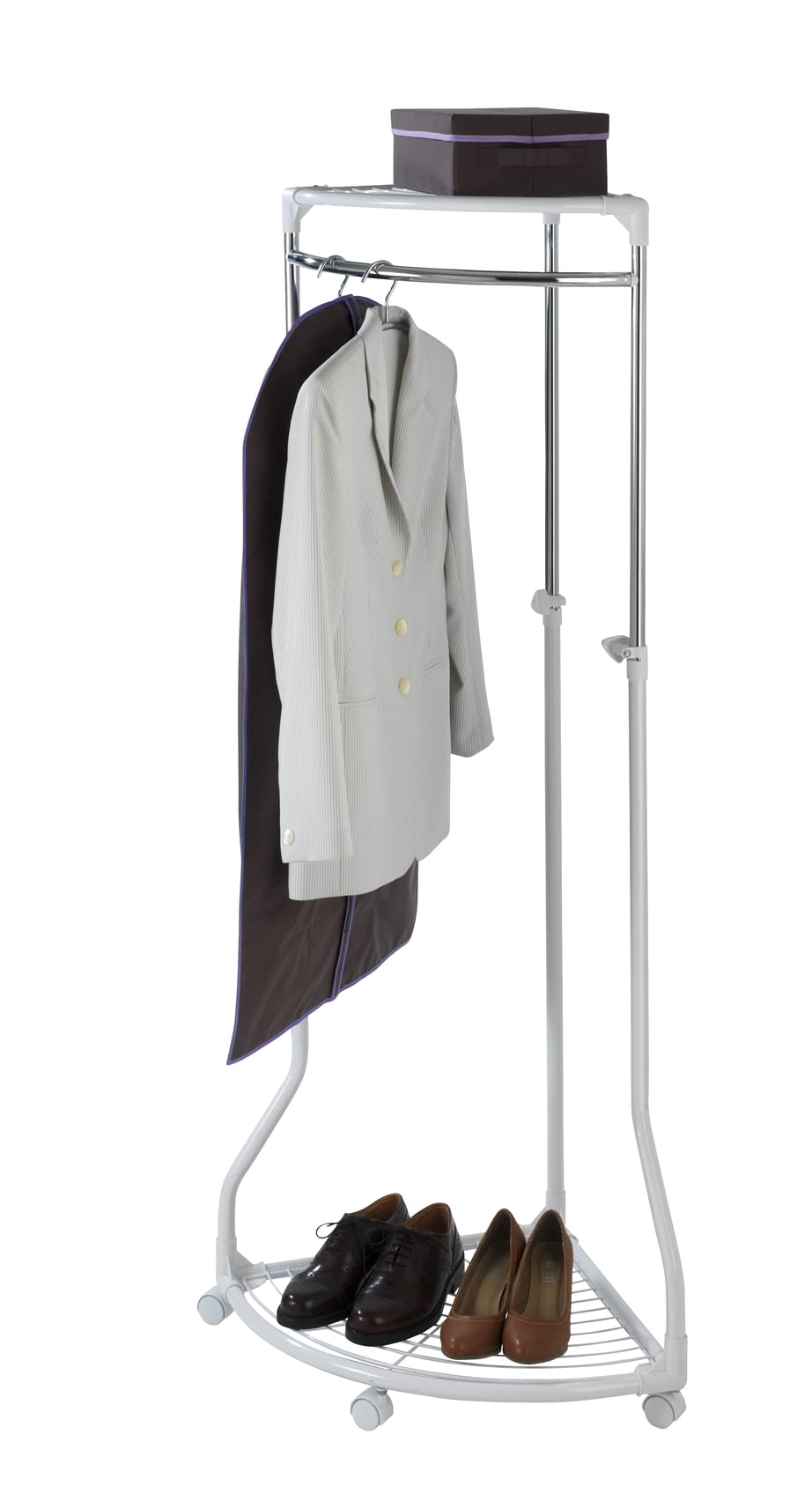 WENKO Coat Rack Freestanding, Clothes Hanger Stand for Entryway, Coat Rack with Shoe Storage, Adjustable Corner Coat Rack, White/Chrome, Holds up to 110lbs, 27.6 x 44-65.4 x 21.7 in