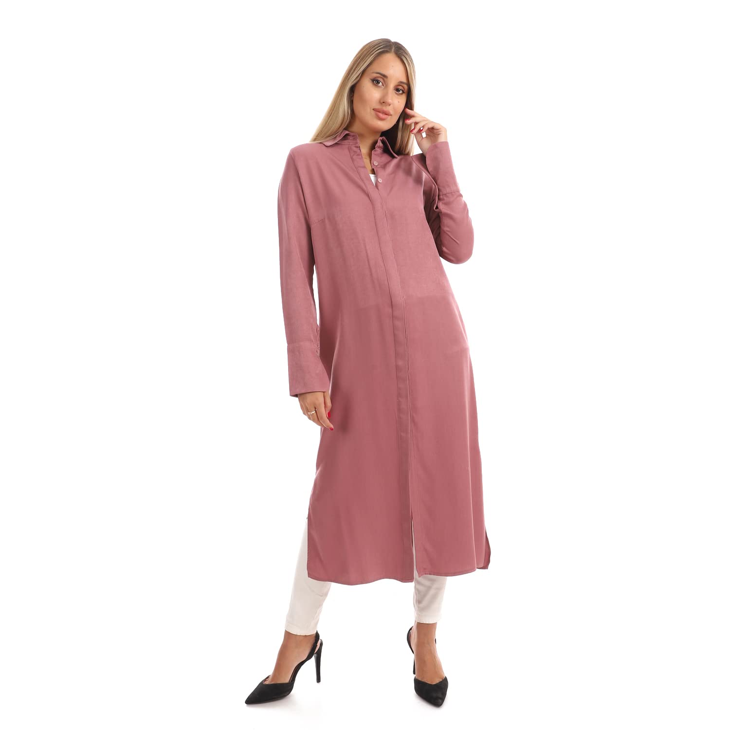Jamila Women long sleeves soft satin buttoned shirt dress