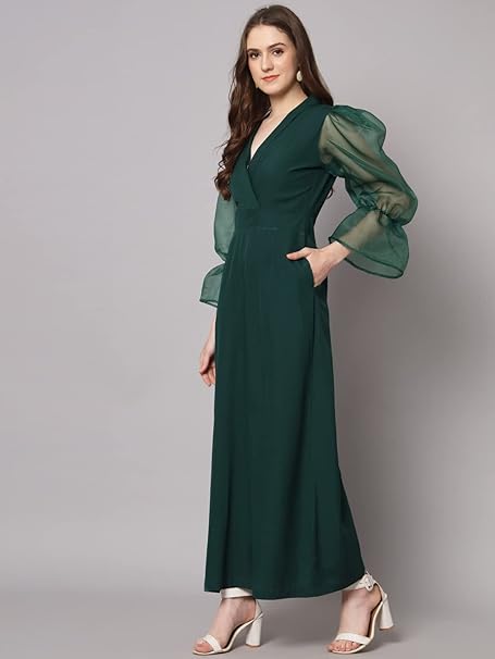 Styleville.in Women’s Wide Leg Jumpsuit Organza Sleeve Green