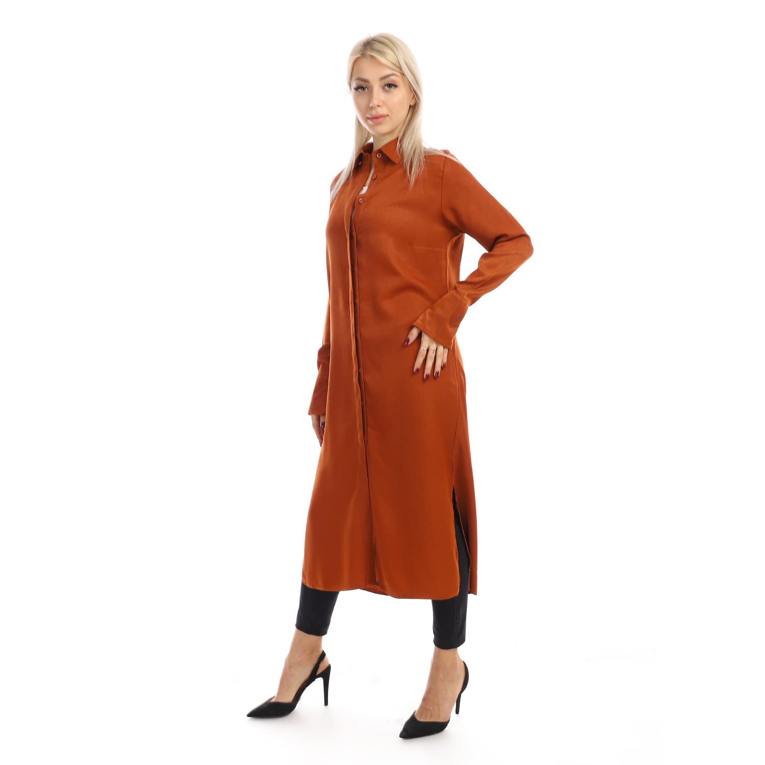 Jamila Women long sleeves soft satin buttoned shirt dress