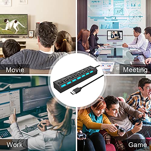 Multi Port USB Splitter, 7 Port USB 2.0 Hub, USB A Port Data Hub with Independent On/Off Switch and LED Indicators, Lights for Laptop, PC, Computer, Mobile HDD, Flash Drive and More (Black 2.0) - Safqqa Egypt