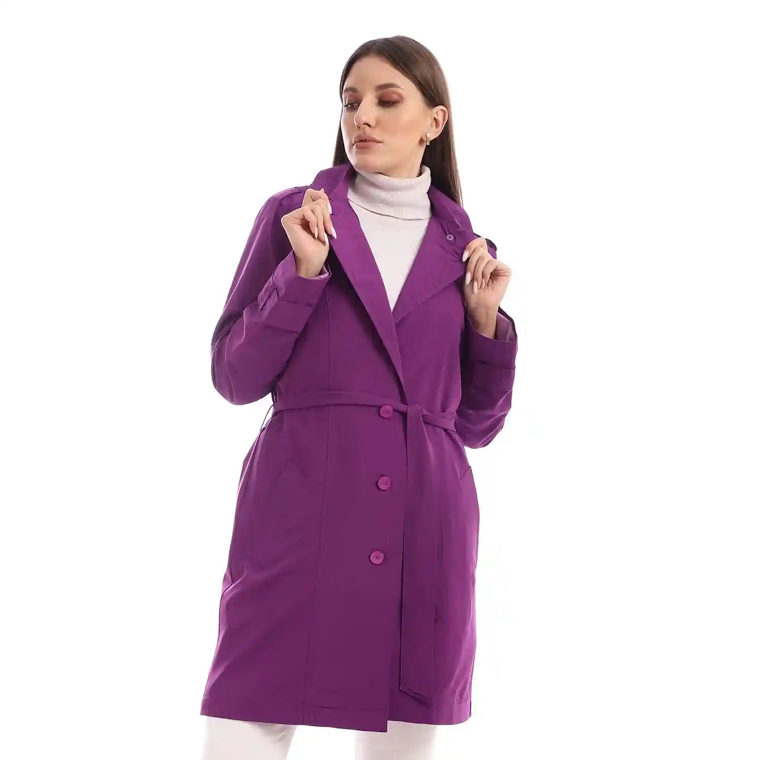Women Solid Lightweight Buttoned Coat - Safqqa