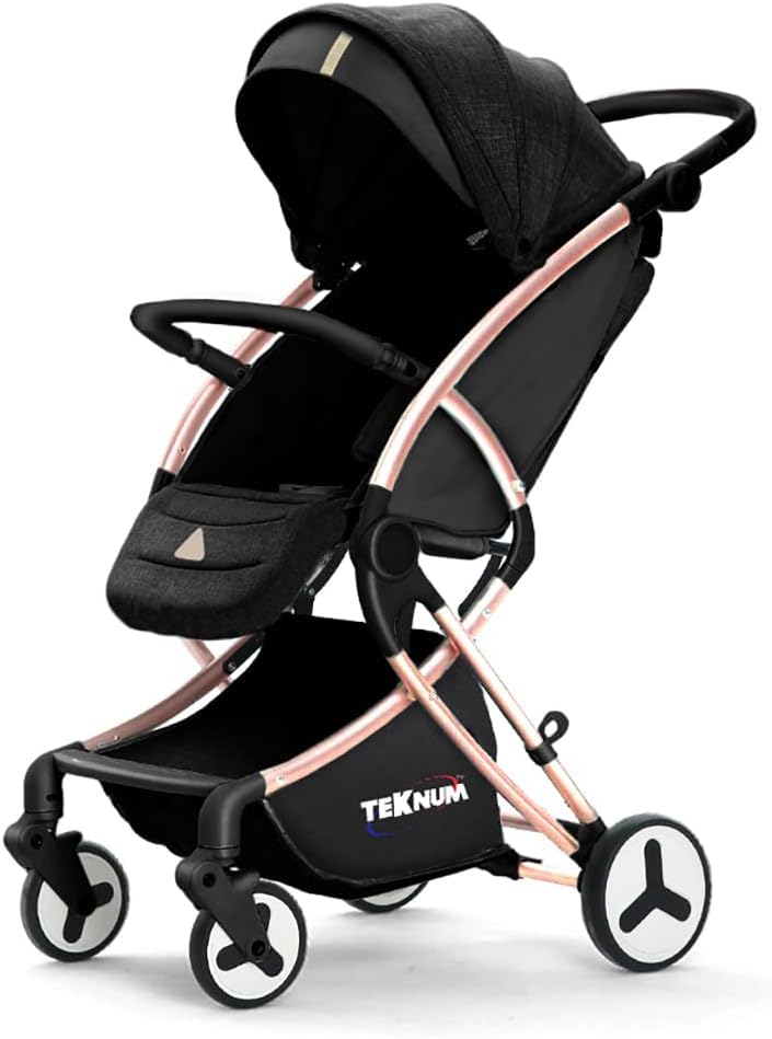 TEKNUM Feather Lite Traveller A1 Lightweight Stroller Air TravelFive Point Safety Harness Removable Cannopy 360 Degree Swivel Wheels  One Touch Brake Newborn Baby 0 -4Years -Black