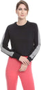 Side Stripe Ribbed Trims Crew Neck Cropped Sweatshirt for Women