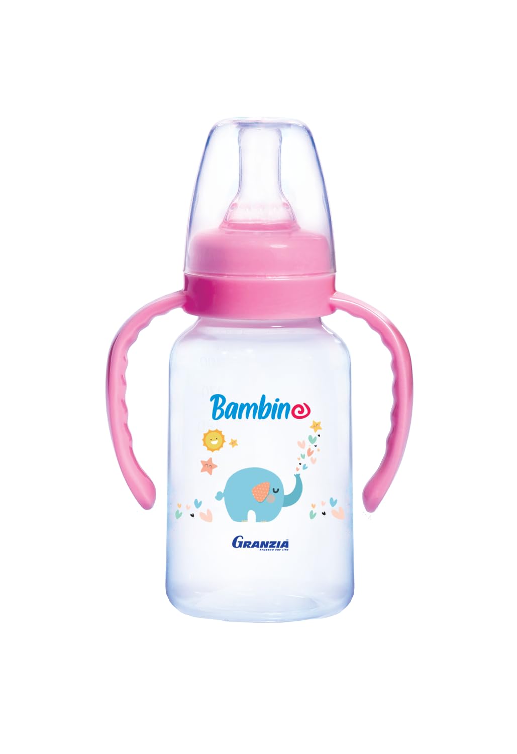 رضّاعة الأطفال Granzia Bambino Classic مع يدين (سعة 150 مل) توفر الراحة والأمان والسهولة أثناء وقت التغذية. مصنوعة من مواد عالية الجودة وخالية من مادة الـBPA لضمان صحة الطفل ونظافة التغذية
