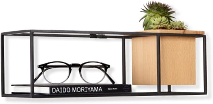 Umbra Cubist Floating Shelf with Built-In Succulent Planter – Modern Wall Décor and Geometric Display Shelf for Books, Candles, Mementos, Photos, Indoor Plants and More! | Small, Black