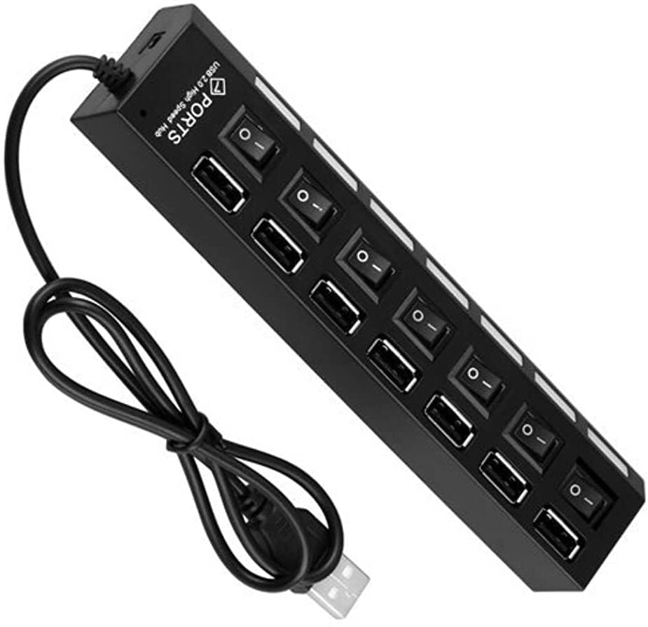 موزع USB بـ 7 منافذ 2.0 مع مفاتيح تشغيل/إيقاف منفصلة ومؤشر ضوئي – يدعم التوصيل والتشغيل الفوري. متوافق مع الكمبيوتر واللابتوب