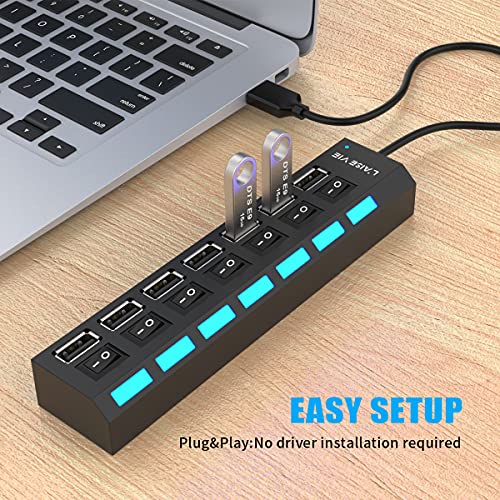 Multi Port USB Splitter, 7 Port USB 2.0 Hub, USB A Port Data Hub with Independent On/Off Switch and LED Indicators, Lights for Laptop, PC, Computer, Mobile HDD, Flash Drive and More (Black 2.0) - Safqqa Egypt