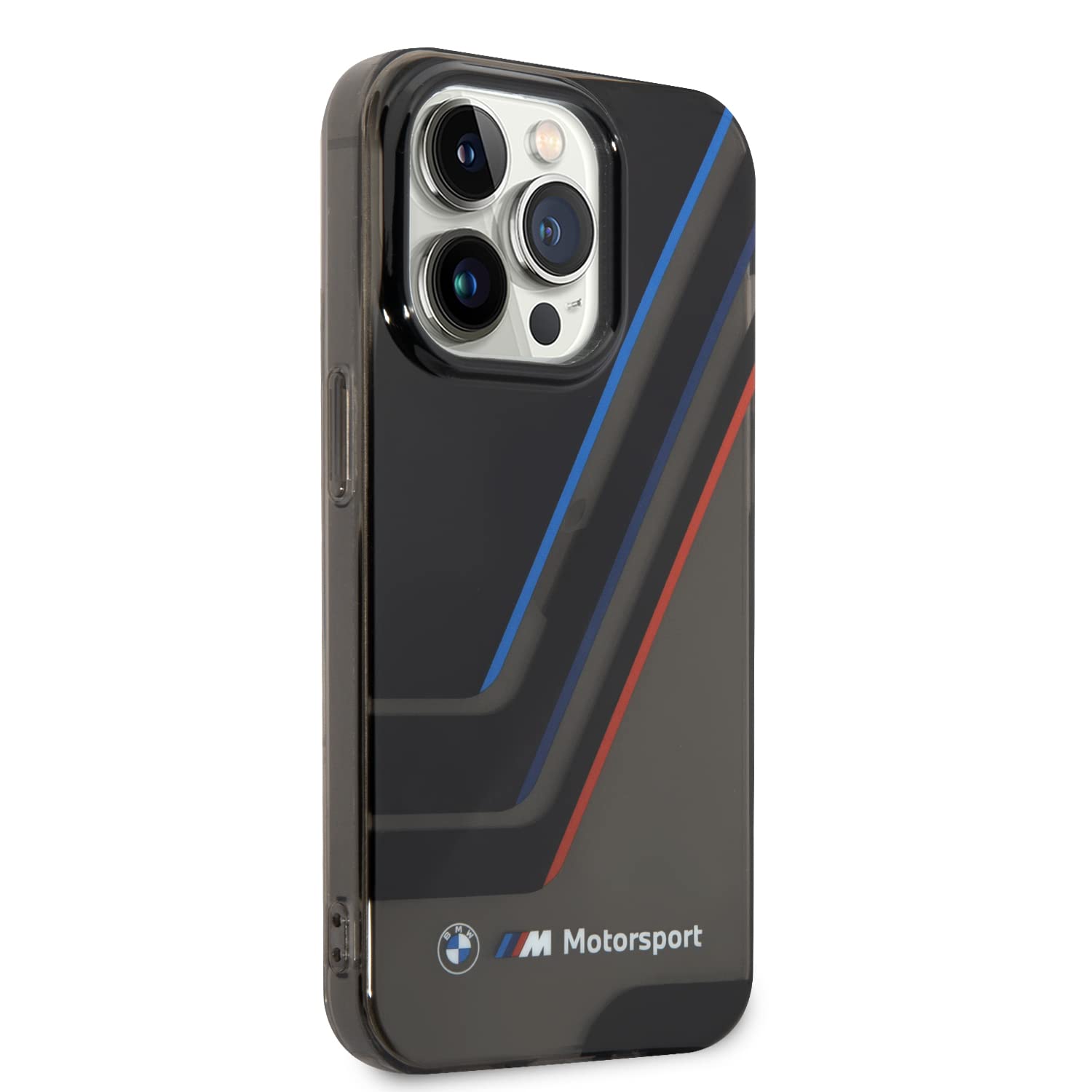 جراب من CG MOBILE BMW Motorsport Collection PC/TPU IML لخطوط ثلاثية الألوان ومناطق شفافة وشعار مطبوع، حماية من الصدمات، فتحات دقيقة، متوافقة مع iPhone 14 Pro - أسود