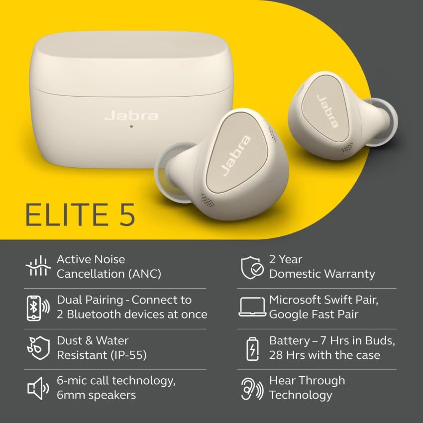 Jabra Elite 5 True Wireless In Ear Bluetooth Earbuds with Hybrid Active Noise Cancellation (ANC), 6 built-in Microphones for Clear Calls, Small Ergonomic Fit and 6 mm Speakers