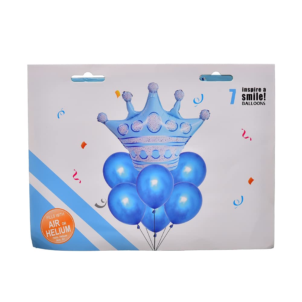 Generic Foil helium balloons with crown design and balloons for baby boy party set of 7 pieces - blue