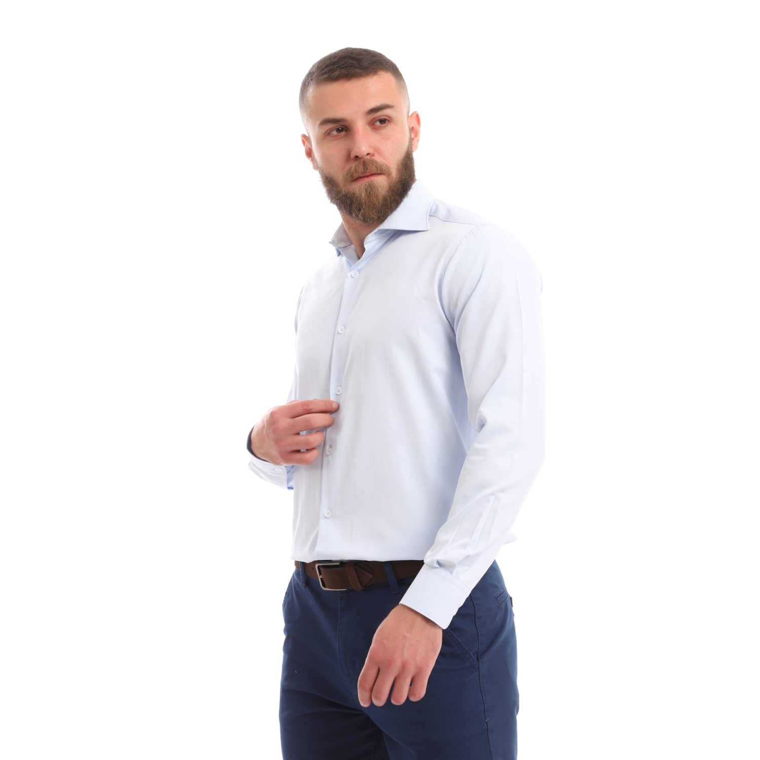 Esla Classic Long Sleeves Slub Shirt - Pastel Bluecotton 58% polyester 42% Cami Shirt For Men,