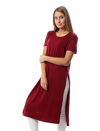 Jamila Cotton Round-Neck Short-Sleeve Side-Slits Longline Top For Women,Soft, breathable cotton for comfort throughout the day.