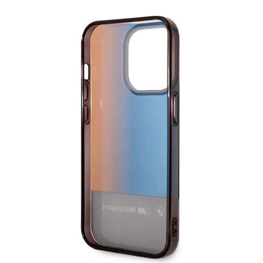 غطاء CG MOBILE BMW Motorsport لهاتف iPhone 14 Pro max، شريط متدرج ثلاثي الألوان، حماية كاملة، مقاوم للخدش، أسود.