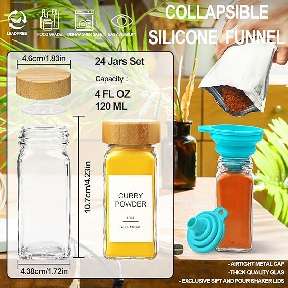 Glass Spice Jars – 24 Pieces – Airtight Containers for Kitchen Organization