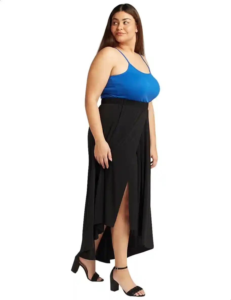 Splash Elastic-Waistband Asymmetric-Hem Solid Maxi Skirt for Women