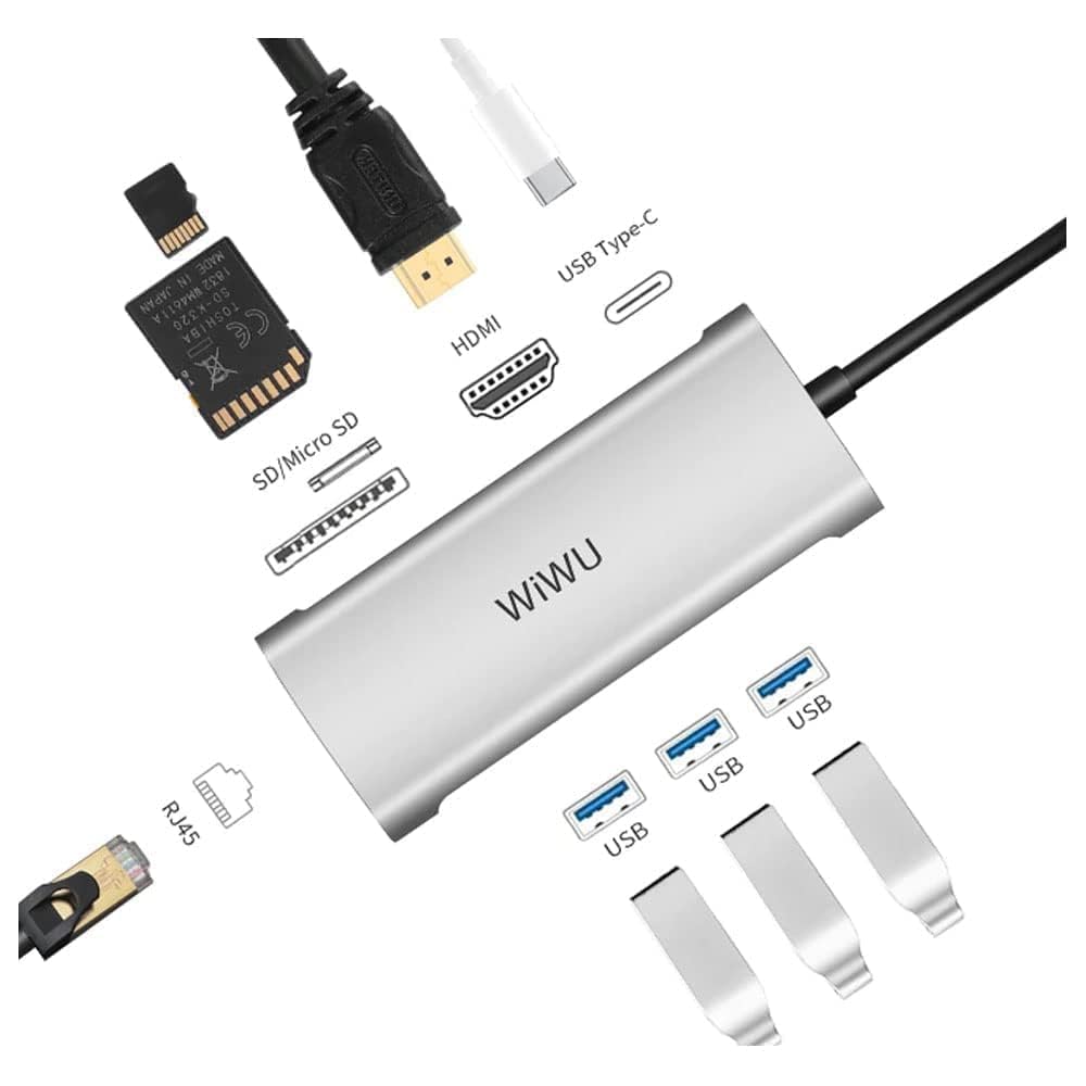 WIWU 8-in-1 USB-C Multi-Port Hub, PD Charging, HDMI, RJ45, 3x USB 3.0, SD/TF Card Reader, Grey
