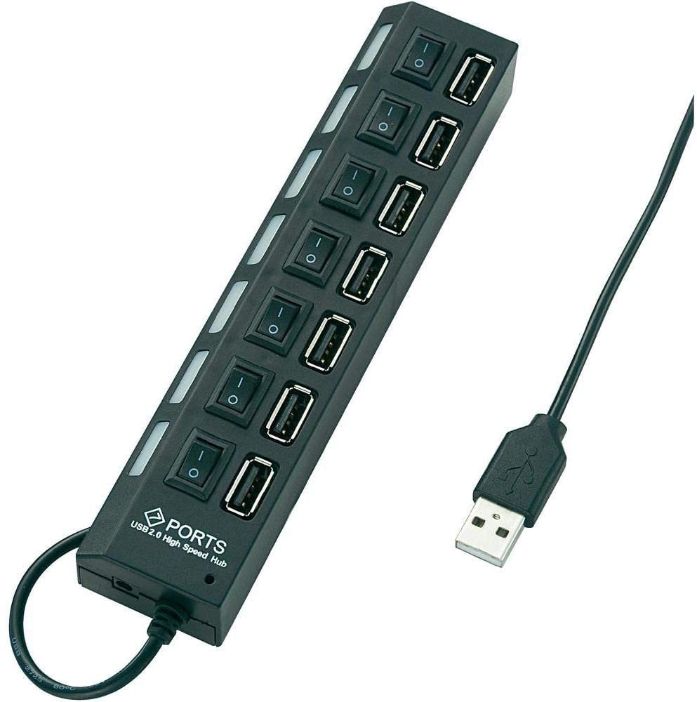 موزع USB بـ 7 منافذ 2.0 مع مفاتيح تشغيل وإضاءة LED – أسود متوافق مع الكمبيوتر واللابتوب.