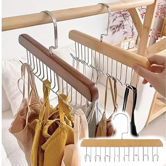 See Ever 1 pcs Wooden Hangers for Wooden Belt Hanger for Tie 8 Hooks Adjustable Closet Hangers Lingerie Belt Scarf Tie Storage Racks Foldable Hooks Wood Hanger Wardrobe Organizers for Men Women (Without Box)