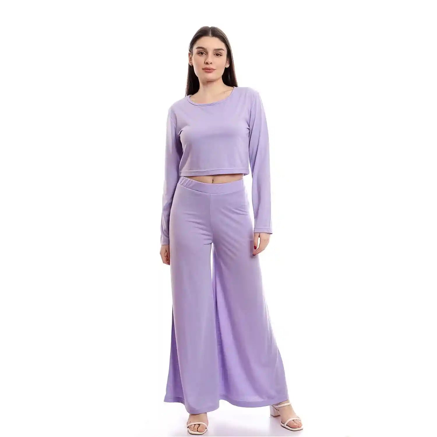 offcliff Women Solid Wide Leg Pants & Long Sleeve Crop Top