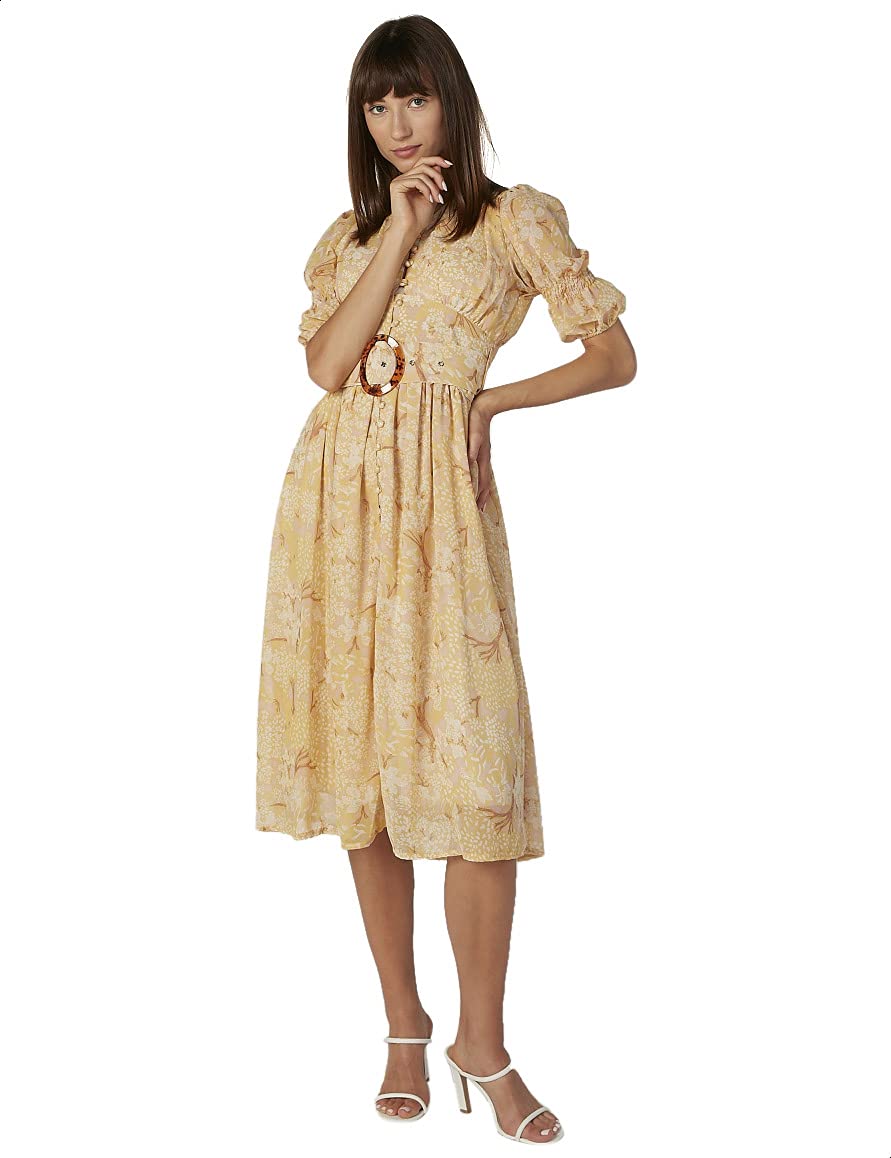 فستان نسائي 2Xtremz بنمط زهور بأكمام قصيرة وياقة على شكل V مع حزام مقاس L