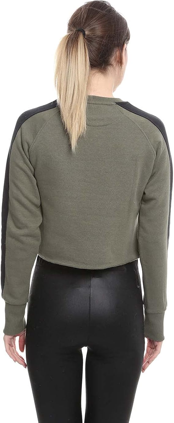 Side Stripe Ribbed Trims Crew Neck Cropped Sweatshirt for Women