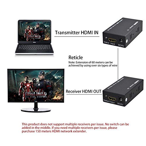 وصلة تمديد كابل HDMI حتى 196 قدم 60 متر لاجهزة توصيل واستقبال موسع 1080i HDCP EDID FHD 1080 بيكسل متوافق مع المعيار الاوروبي Single Cat 5E / 6 AWG26 اسود