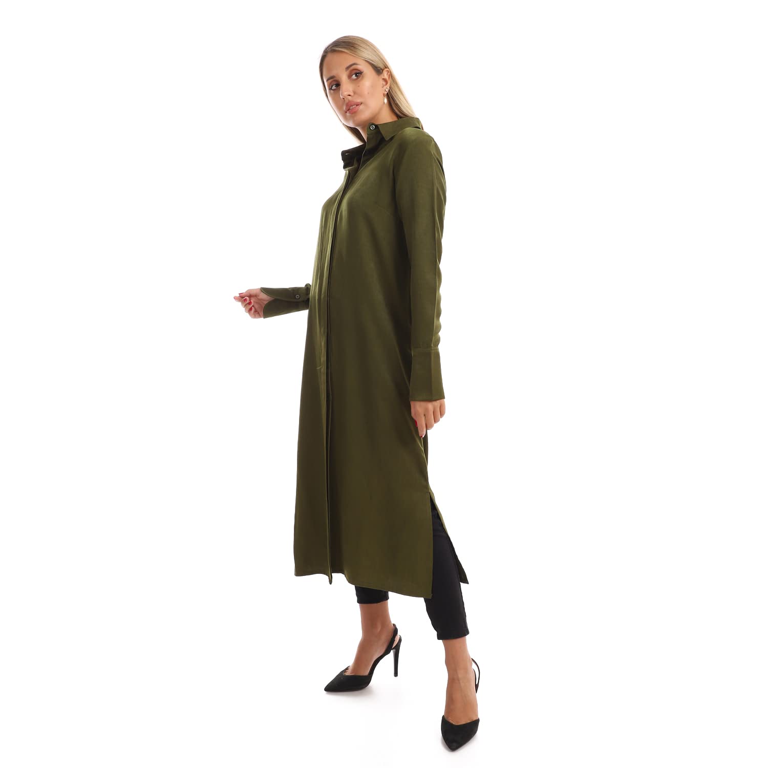 Jamila Women long sleeves soft satin buttoned shirt dress