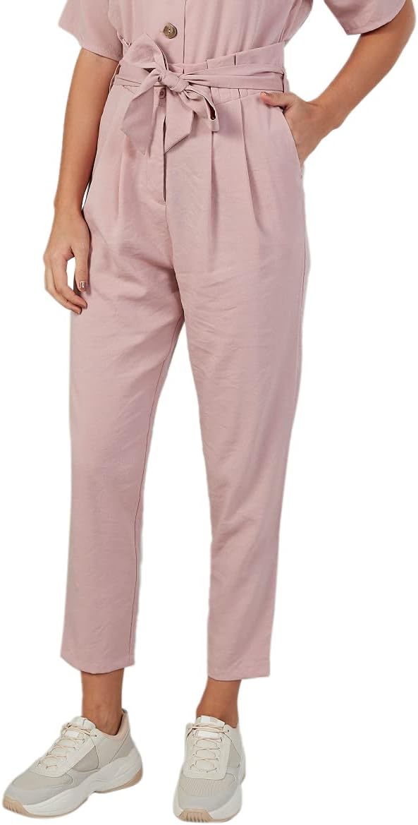 Plain Side Pocket Waist Tie Pants for Women