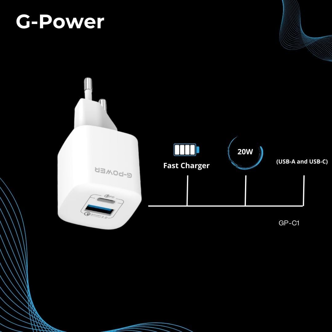 G-Power GP-C1 20W Dual USB Charger (USB-A and Usb-C) Qualcomm Quick Charge 3.0 Compatible with iPhone 14/14 Plus/14 Pro/14 Pro Max/13, Galaxy, Pixel 4/3, iPad/iPad - White