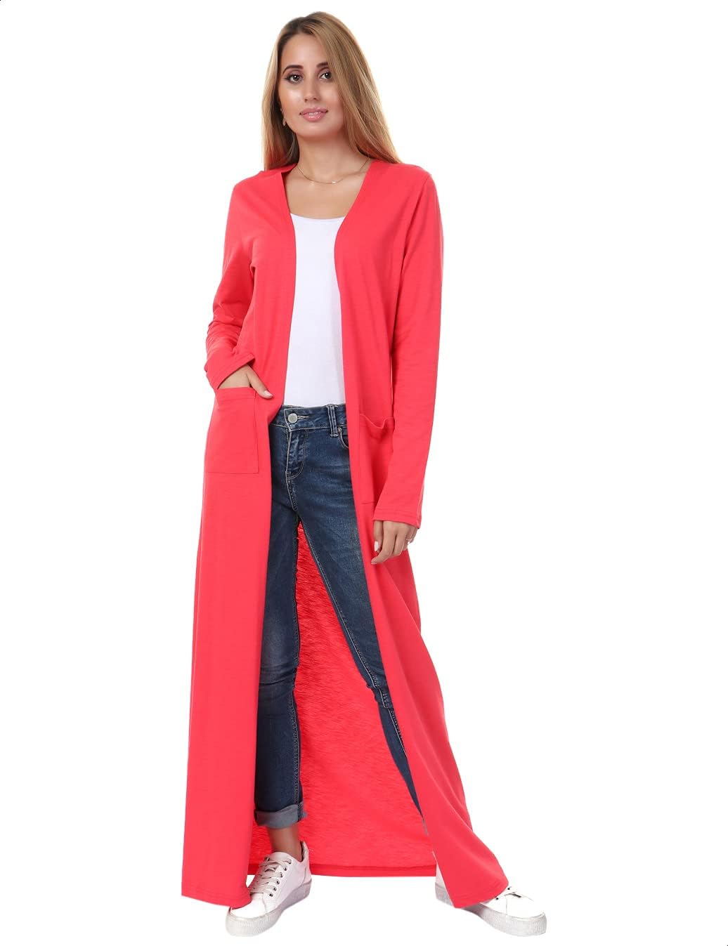 Jamila Women Plain Front Pockets Long Sleeves Maxi Cardigan