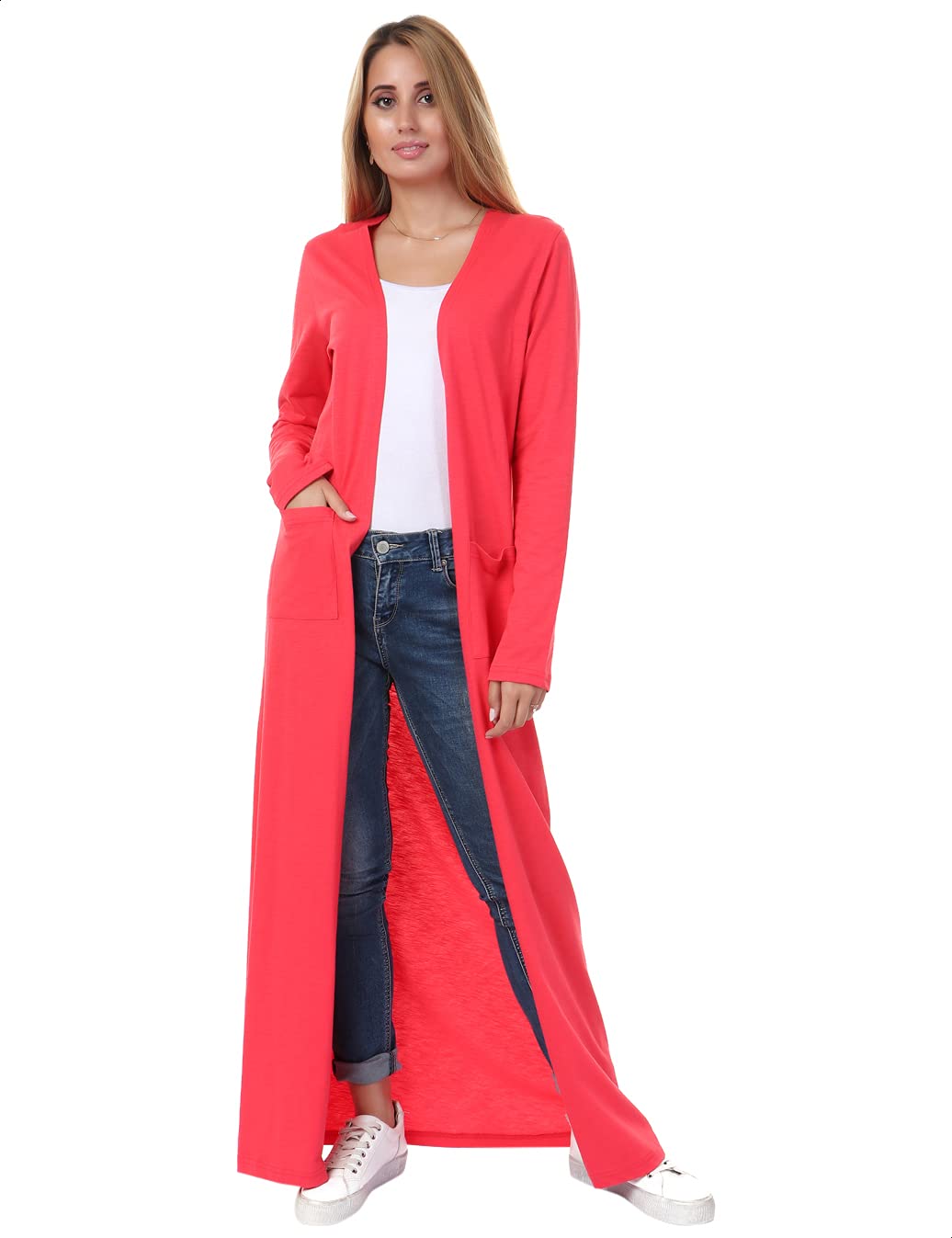 Jamila Women Plain Front Pockets Long Sleeves Maxi Cardigan