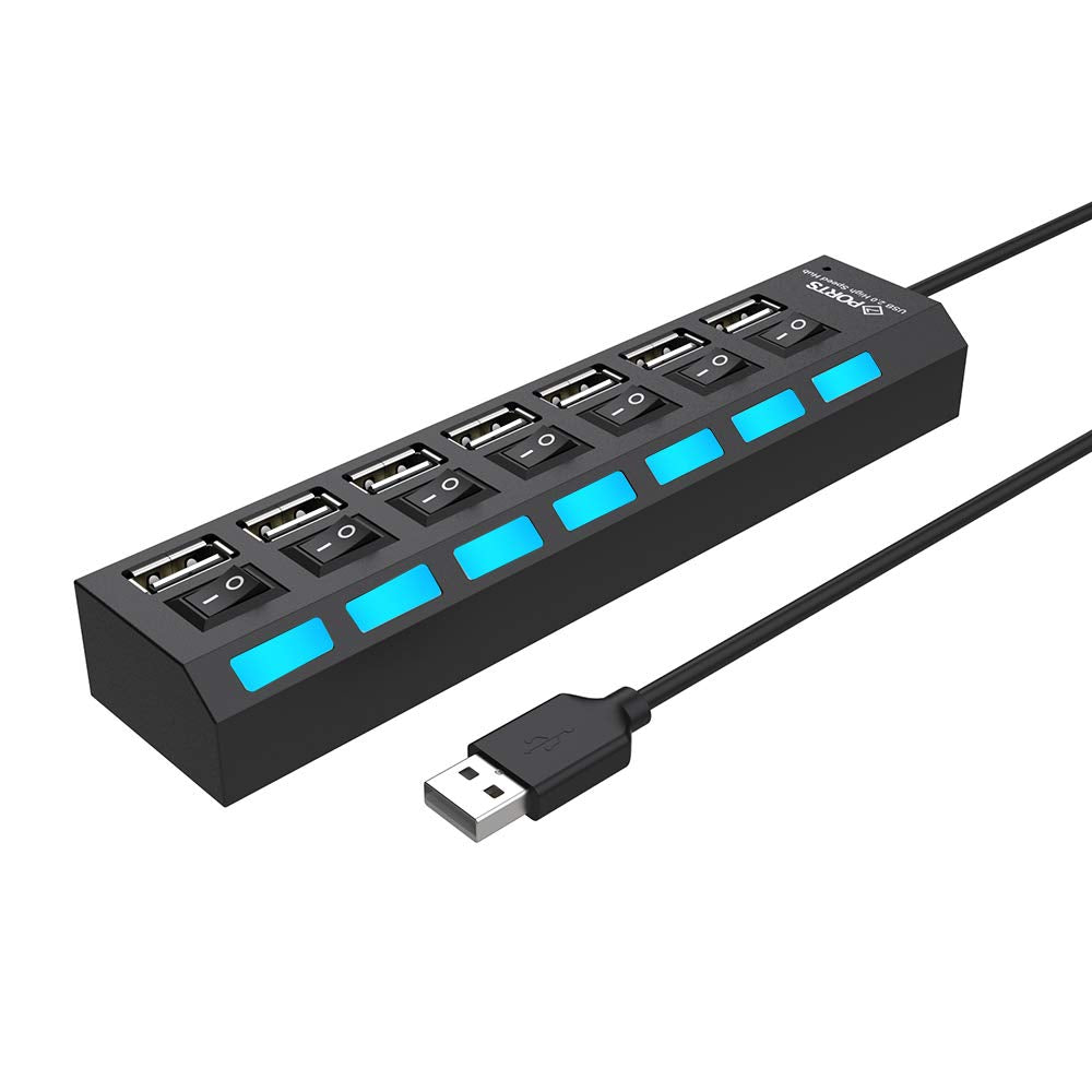 Multi Port USB Splitter, 7 Port USB 2.0 Hub, USB A Port Data Hub with Independent On/Off Switch and LED Indicators, Lights for Laptop, PC, Computer, Mobile HDD, Flash Drive and More (Black 2.0) - Safqqa Egypt