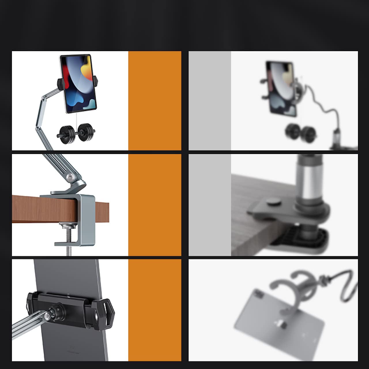 حامل الأجهزة اللوحية ذو الذراع الطويل وتصميم المفاصل الثلاثة هو حامل مكتبي متين وقابل للتعديل بشكل كامل، مثالي للاستخدام على المكتب أو السرير أو أثناء العمل. مصنوع من سبائك الألمنيوم القوية والخفيفة التي توفر ثباتًا عاليًا ومظهرًا أنيقًا عصريًا