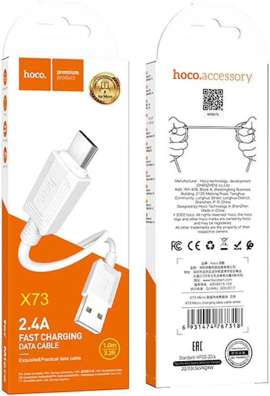 Hoco X73 - Charging And Data Transmittion Cable (2.4A -1M), USB-A To Micro-USB Plug, Compatible With Samsung Huawei Xiaomi Oppo - White