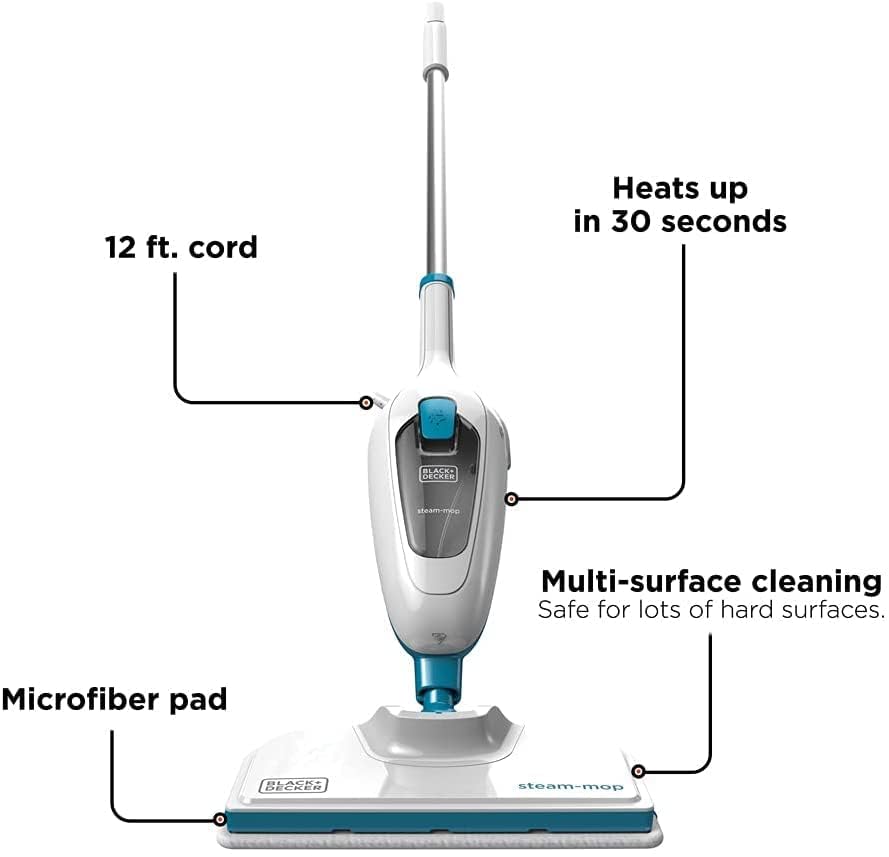 BLACK+DECKER Steam Mop, 1300W, 350ml Capacity, Superheated Steam, Microfiber Pad, 30 Sec Heat-Up, 14 Min Runtime, Chemical-Free, Safe for All Sealed Floors, ECO Friendly, White/Blue - FSMH13E10-B5