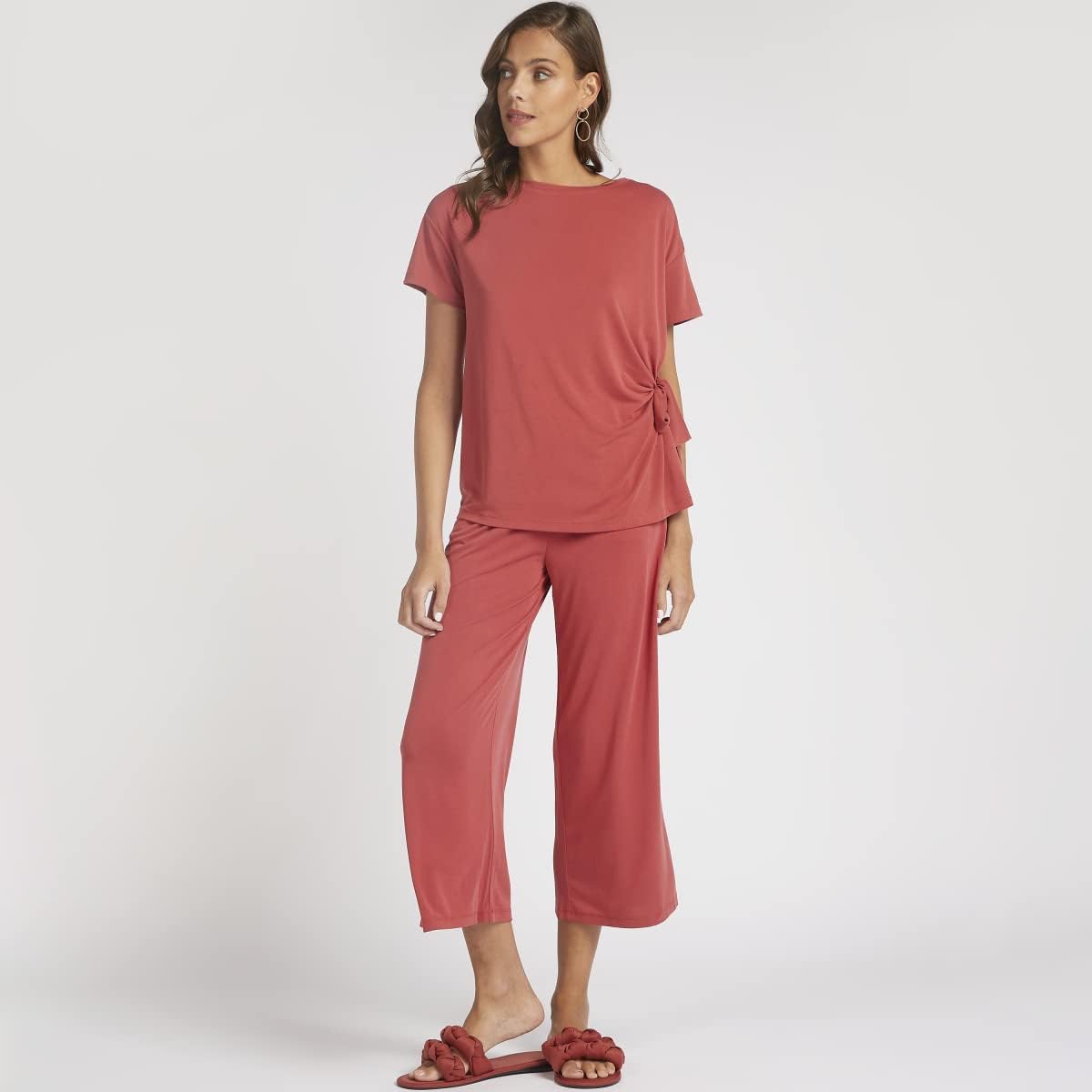 Solid Crew Neck T-shirt with Side Knot Detail