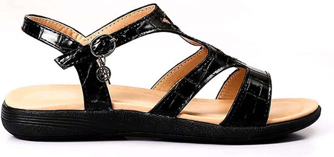 Dejavu Patterned Buckled Flat Sandal Blk-Snk