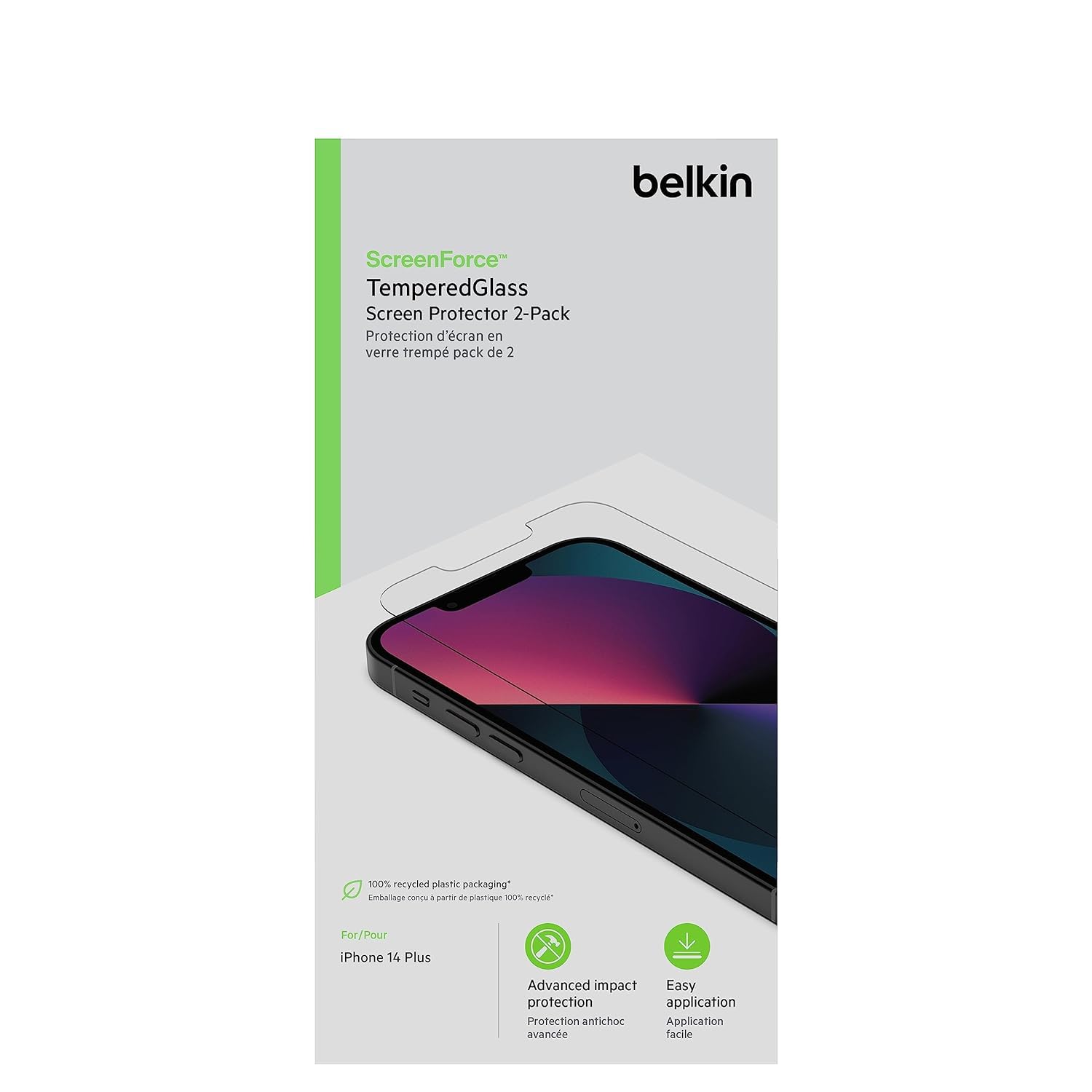 حماية شاشة زجاجية مقواة من Belkin (عبوة من 2) – متوافقة مع iPhone 14 Plus / 13 Pro Max، صلابة 9H، تركيب سهل وخالٍ من الفقاعات