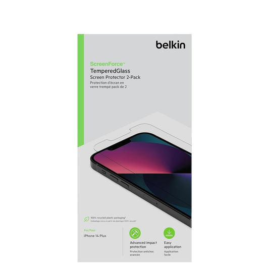 حماية شاشة زجاجية مقواة من Belkin (عبوة من 2) – متوافقة مع iPhone 14 Plus / 13 Pro Max، صلابة 9H، تركيب سهل وخالٍ من الفقاعات