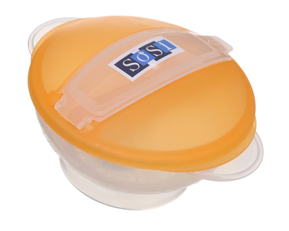 طقم الطعام البلاستيكي للأطفال مع غطاء (قطعتان – طبق + ملعقة) باللون البرتقالي مصمم لجعل وقت الطعام ممتعًا وسهل الاستخدام.